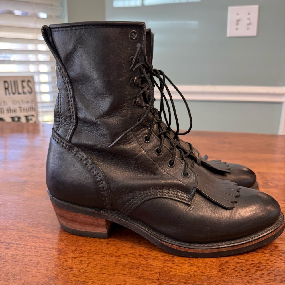 Vintage Durango Men’s 8.5 Black Leather Kiltie Packer Western Lace-Up Boots - Picture 6 of 15